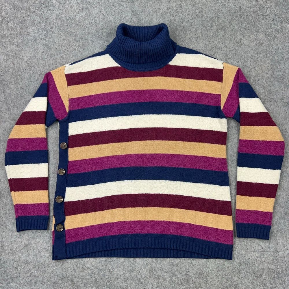 VTG St Johns Bay Sweater Womens Medium Multicolor Striped Turtleneck Side Button - Picture 2 of 10
